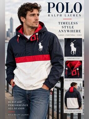 Polo Ralph Lauren Colorblock Hooded Windbreaker Navy Red White
